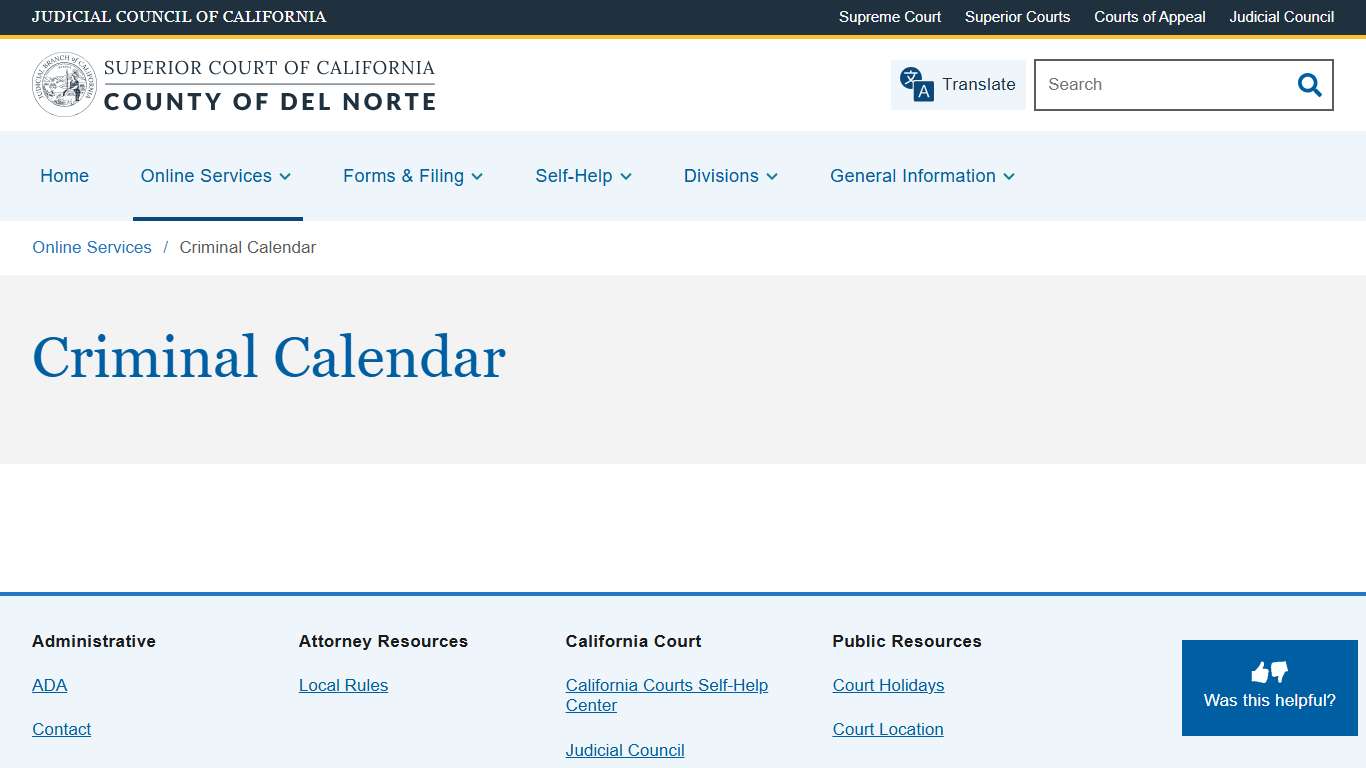 Criminal Calendar Superior Court of California County of Del Norte